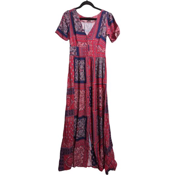 Saville Row Blue Red Printed V Neck Short Sleeve Maxi Dress Size XS - Picture 1 of 9